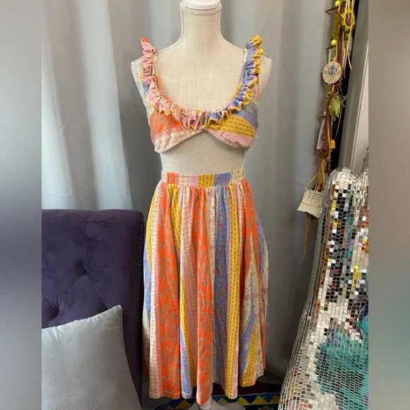 FREE PEOPLE AS IT WAS SET LARGE SKIRT BRA TOP RUFFLE COLORFUL - Picture 5 of 13